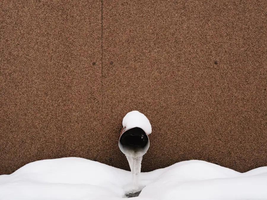 Pipe coming out of a wall with snow piled around it