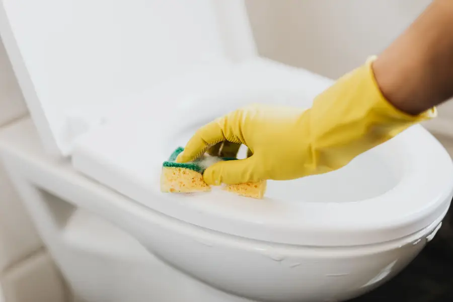 Hands in rubber gloves cleaning a toilet bowl with a soapy sponge